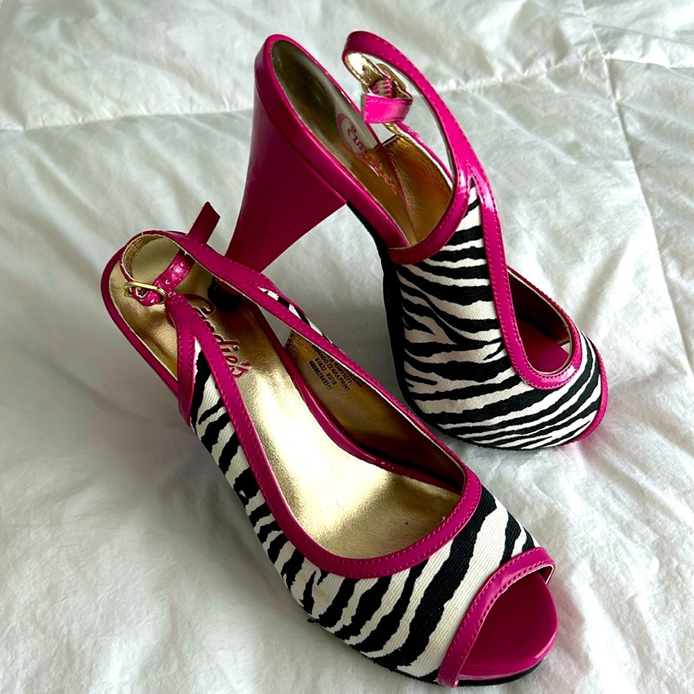 Candie’s Zebra Stripe and Pink Heels Size 8